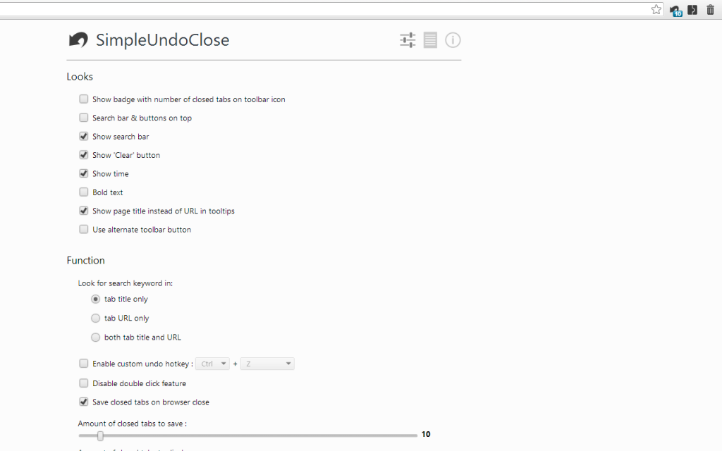 SimpleUndoClose 找回已关闭标签 插件截图