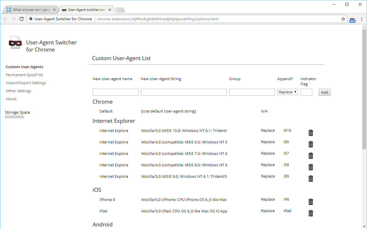 User-Agent Switcher for Chrome 插件截图